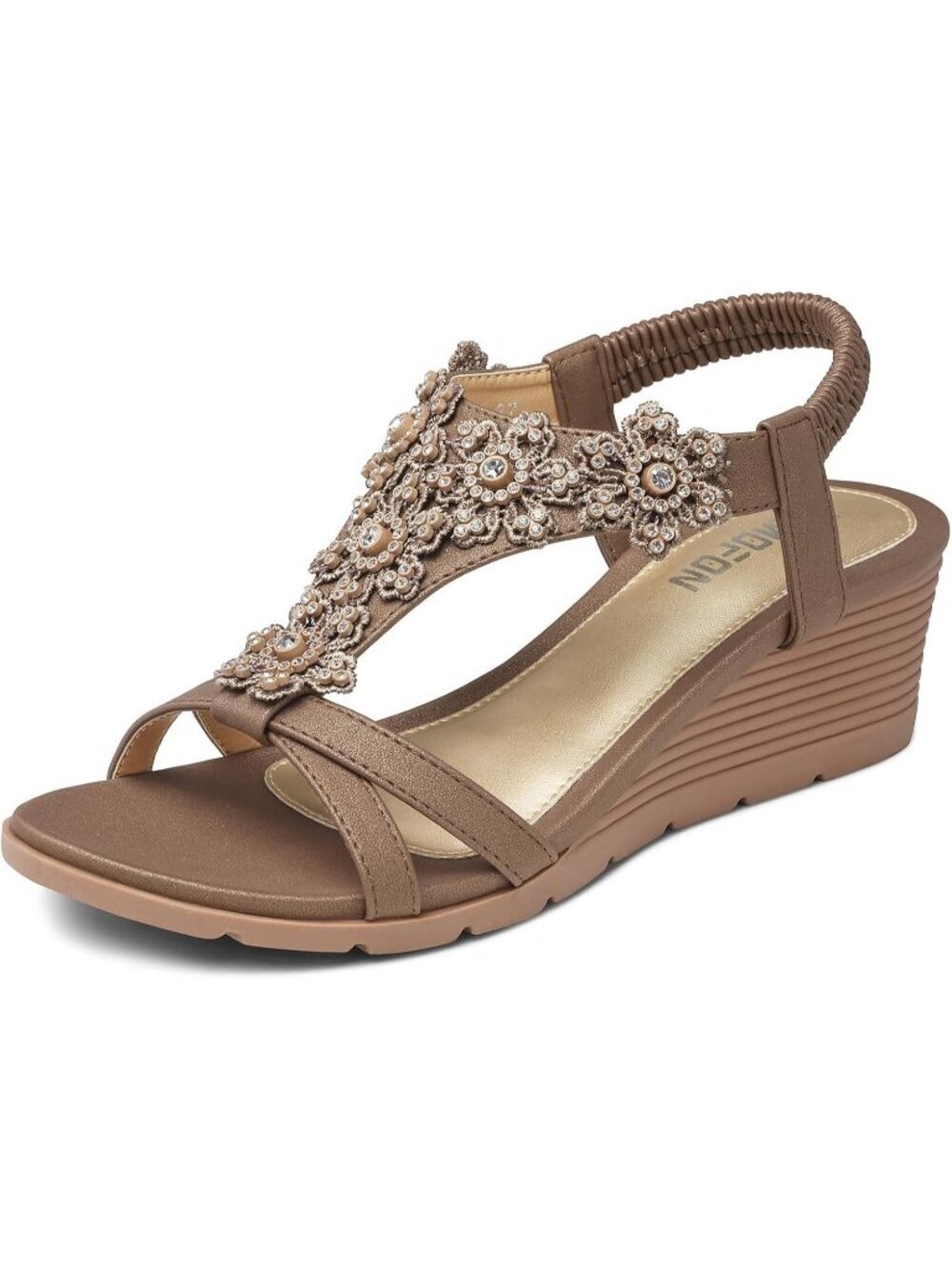 Women's Bronze Elastic Open Toe Flower Low Wedge Heels Platform Sandal Shoes